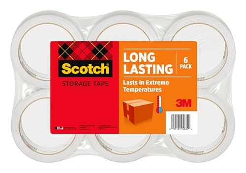 Scotch Long Lasting Storage Packaging Tape, 1.88" x 54.6 yd, Designed for Storage and Packing, Stays Sealed in Weather Extremes, 3" Core, Clear, 6 Rolls (3650-6)