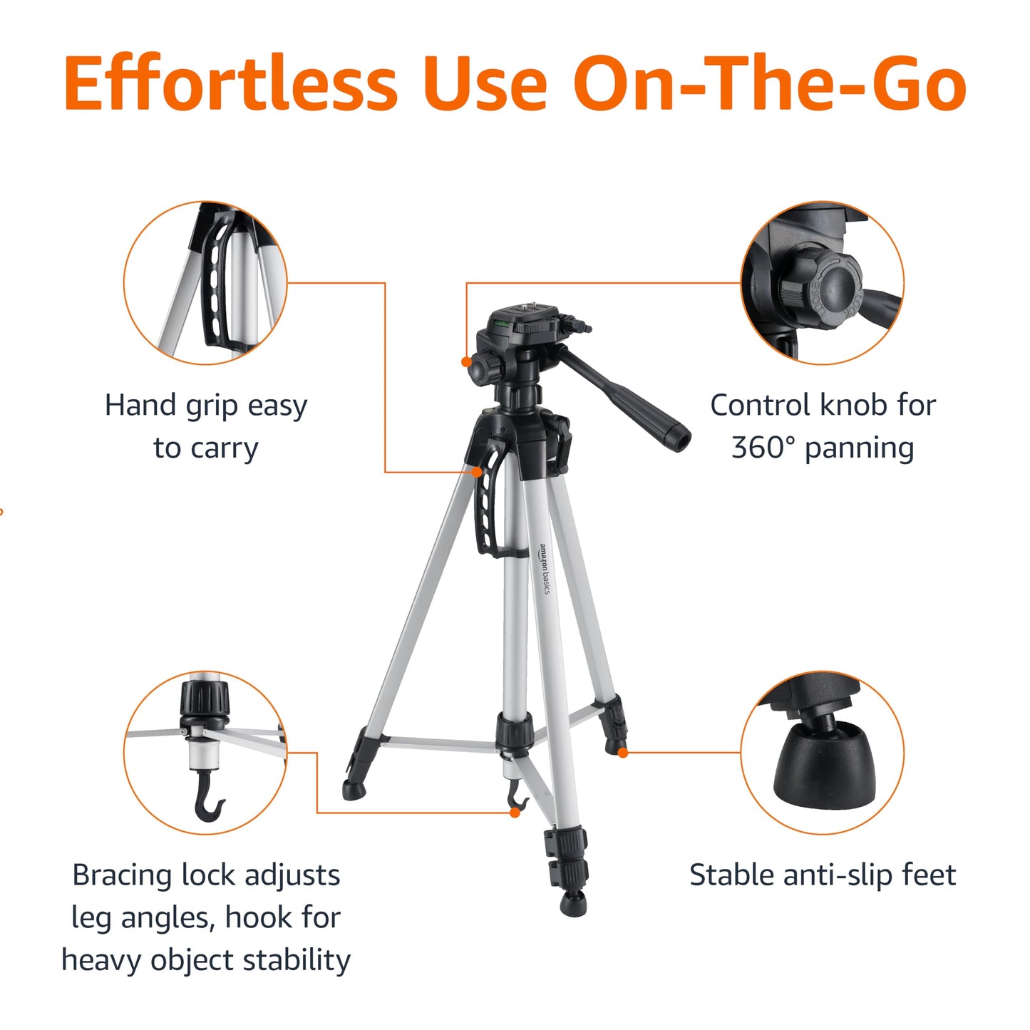 Amazon Basics 50-inch Lightweight Portable Camera Mount Tripod Stand with Bag, for Travel Photography, Champagne