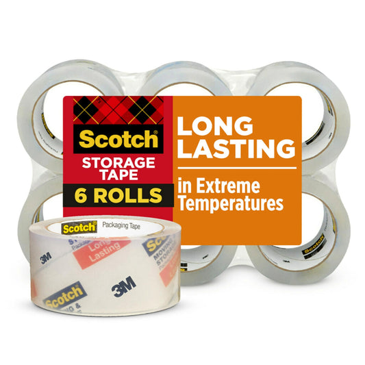 Scotch Long Lasting Storage Packaging Tape, 1.88" x 54.6 yd, Designed for Storage and Packing, Stays Sealed in Weather Extremes, 3" Core, Clear, 6 Rolls (3650-6)