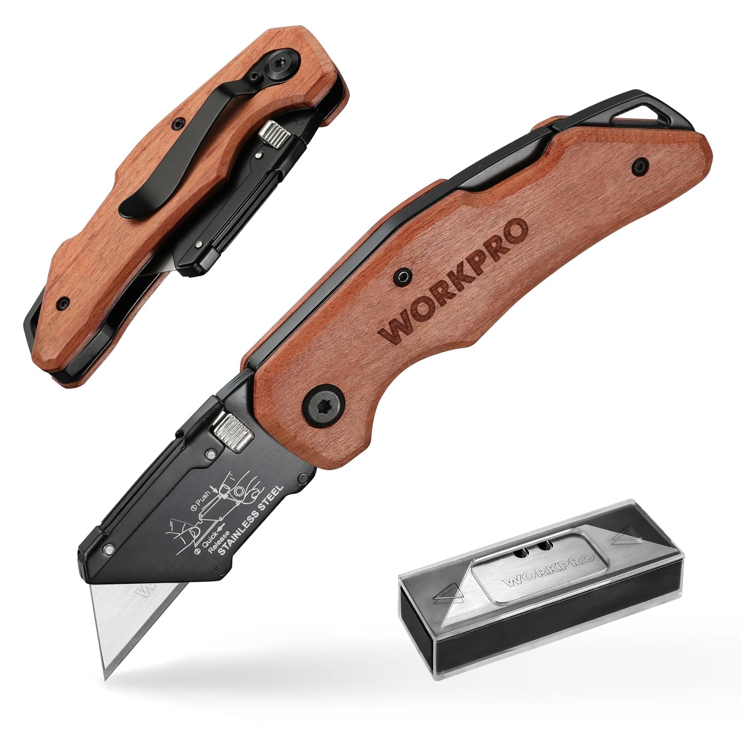 WORKPRO Folding Utility Knife with Stainless Steel Head, Quick-change Blade & Back Lock, Wood Handle Heavy Duty Box Cutter, 1PC Razor Knife with Extra 10PC SK5 Blades