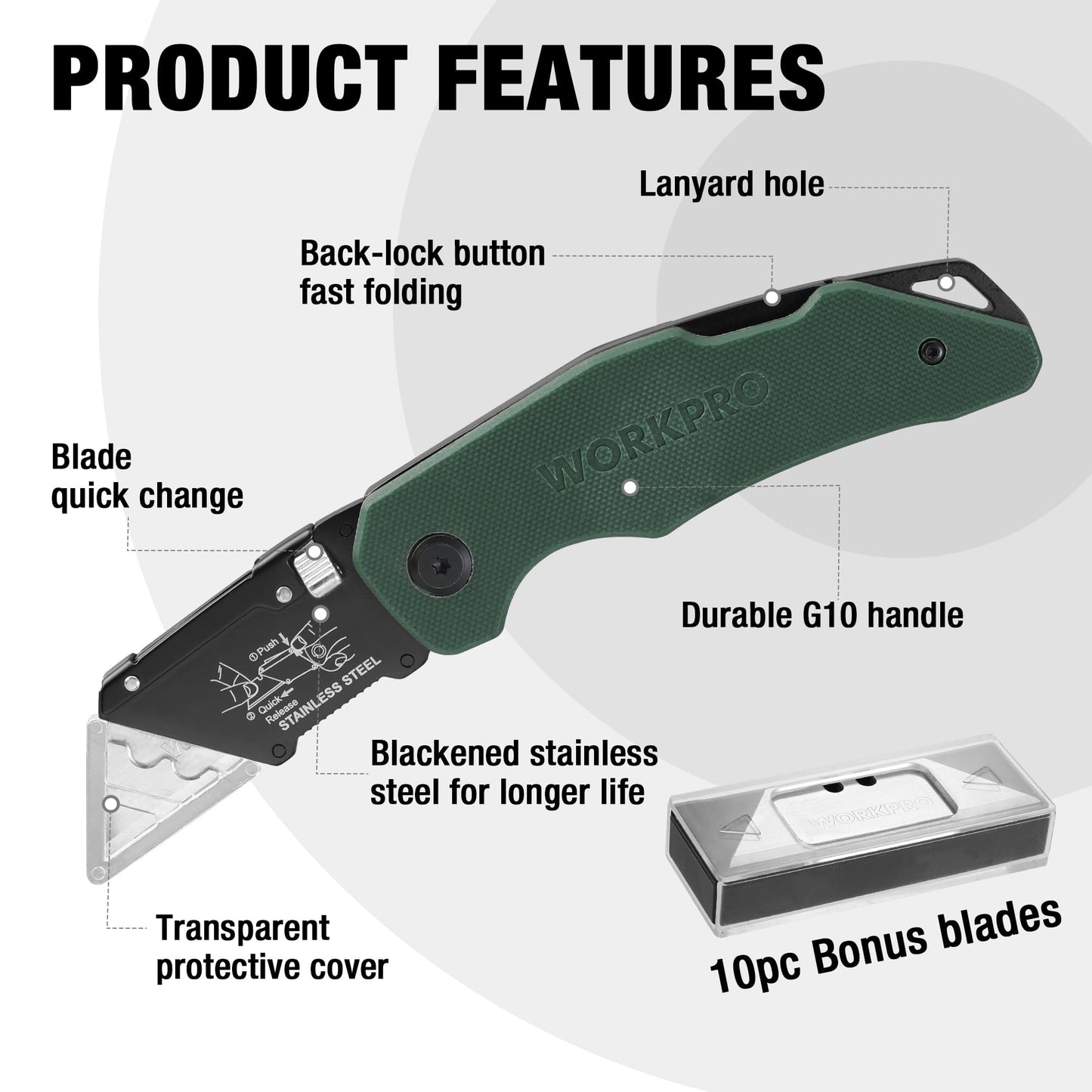 WORKPRO Folding Utility Knife with Stainless Steel Head, Quick-change Blade & Back Lock, Wood Handle Heavy Duty Box Cutter, 1PC Razor Knife with Extra 10PC SK5 Blades