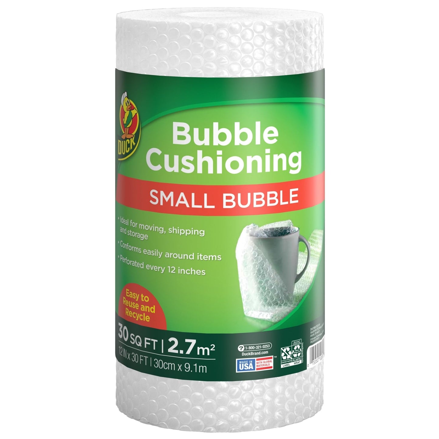 Duck Brand Small Bubble Cushioning Wrap for Moving & Shipping - 175 FT Bubble Packing Wrap for Extra Protection Packaging Boxes & Mailers - Clear Bubble Roll Moving Supplies, Perforated Every 12 IN