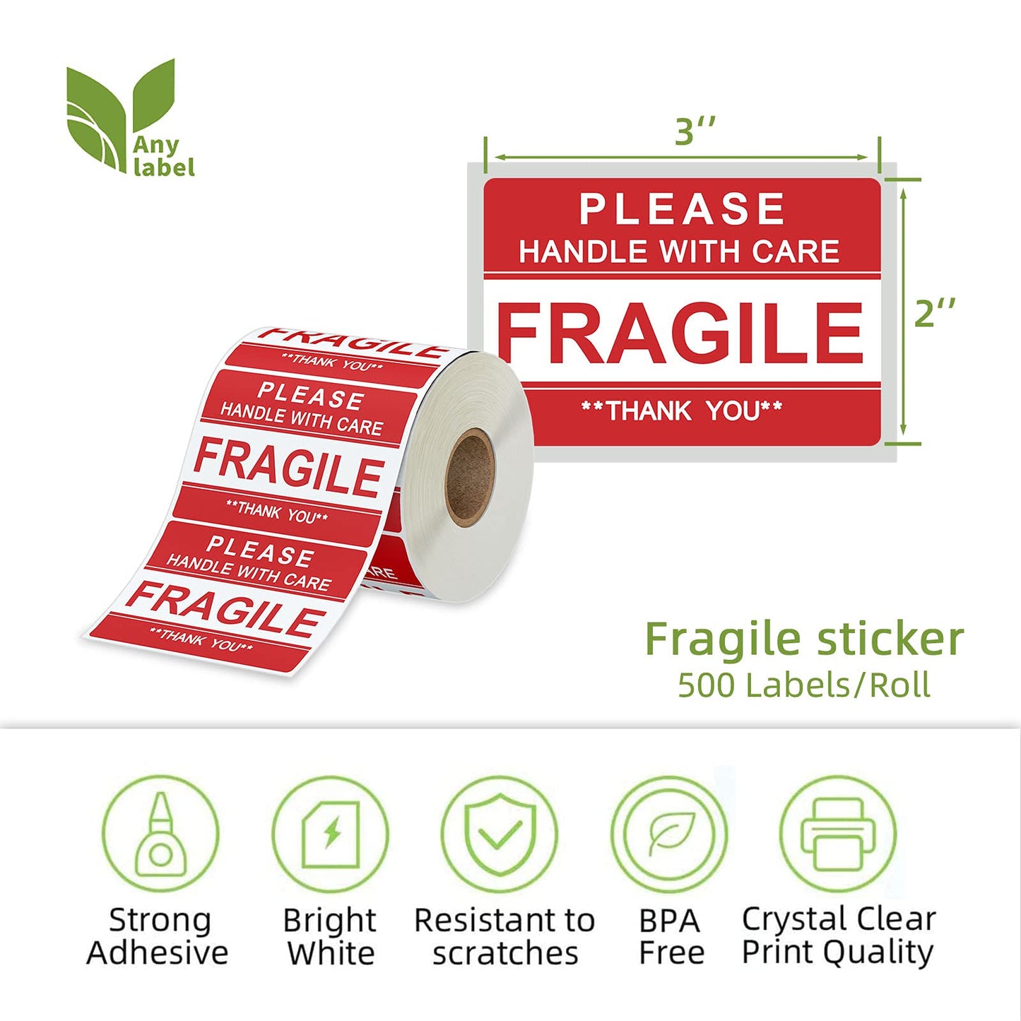 2" x 3" Fragile Stickers for Shipping and Moving Please Handle with Care Fragile Thank You Do Not Drop, Warning Stickers Fragile Labels, Permanent Adhesive(500 Labels, 1 Roll)