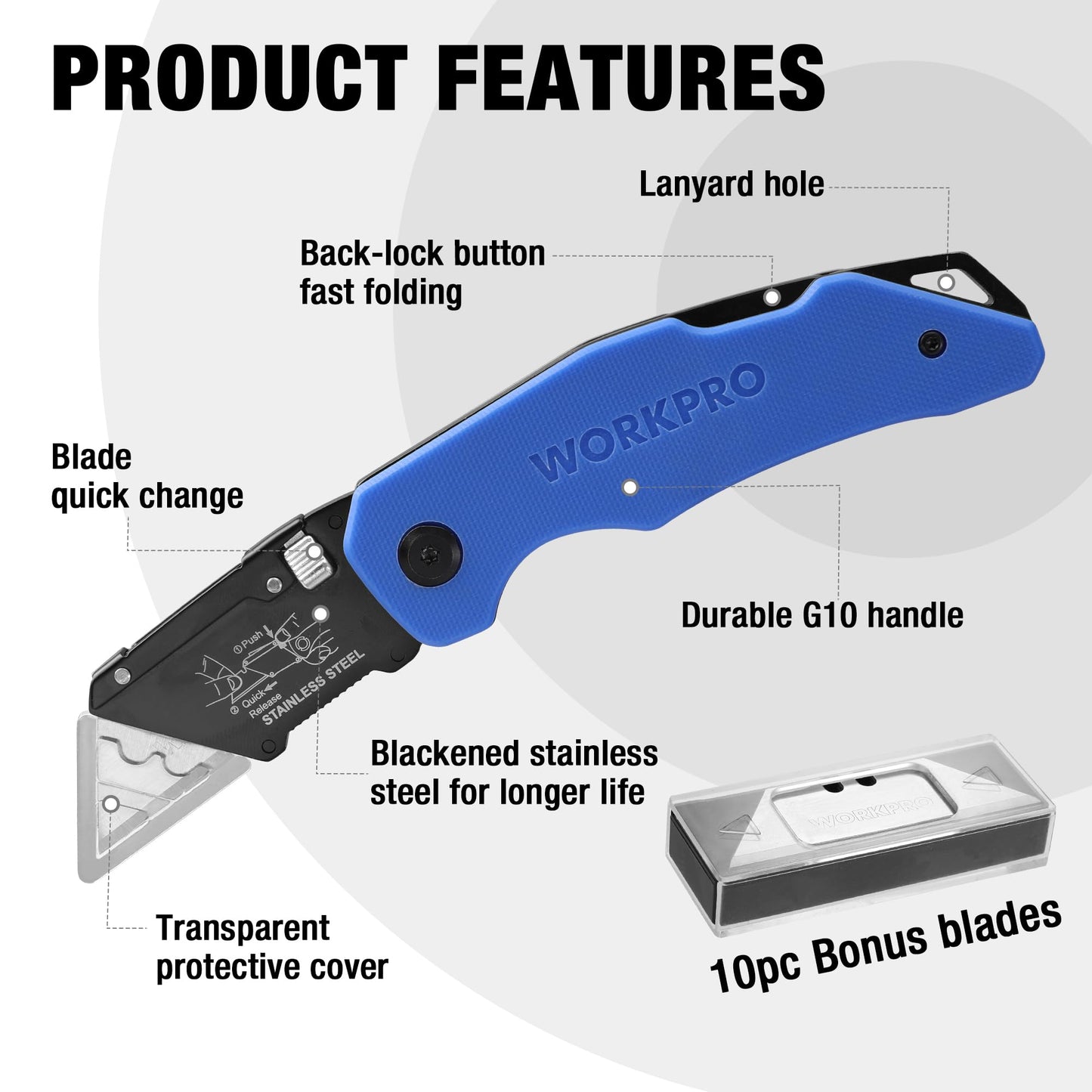 WORKPRO Folding Utility Knife with Stainless Steel Head, Quick-change Blade & Back Lock, Wood Handle Heavy Duty Box Cutter, 1PC Razor Knife with Extra 10PC SK5 Blades