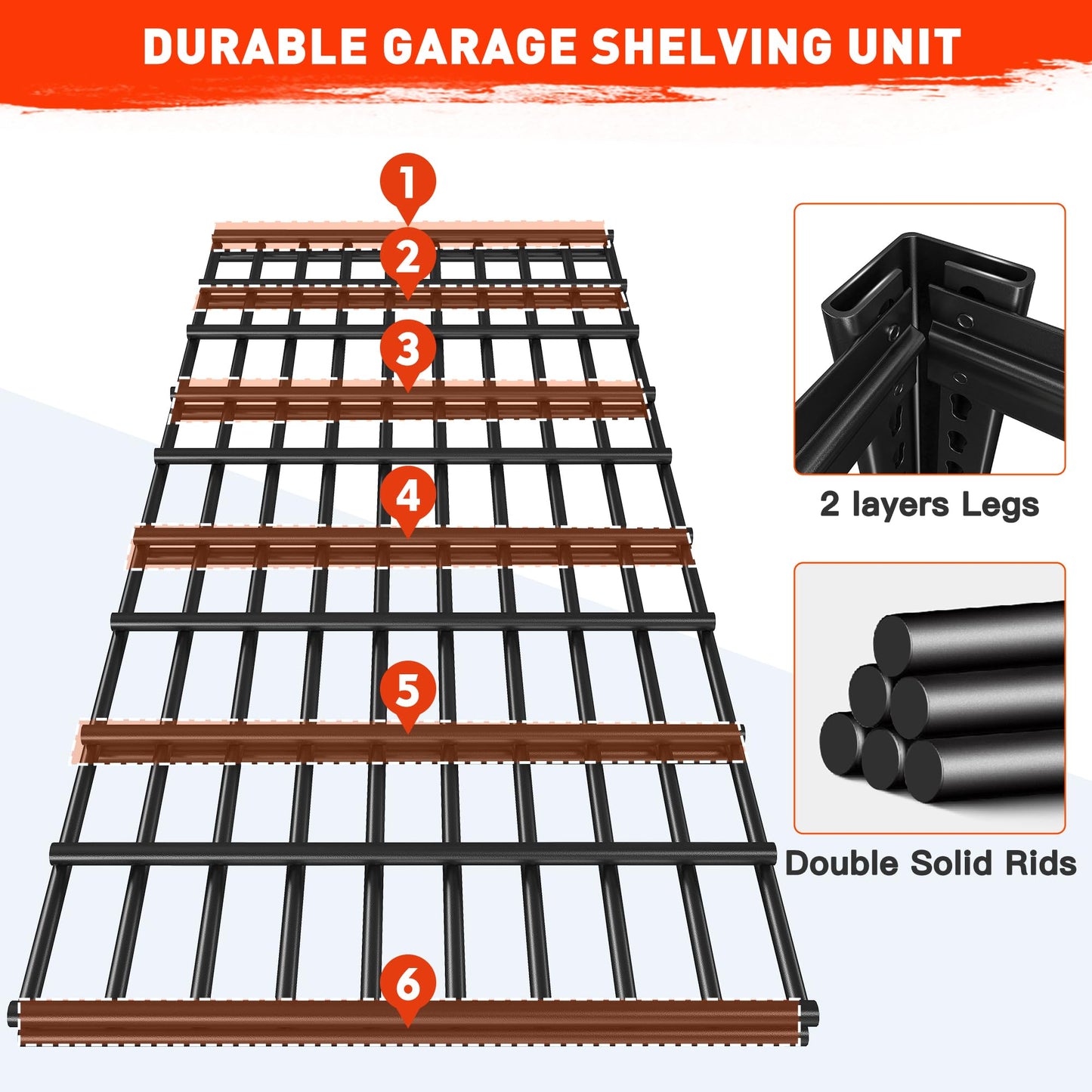 REIBII Garage Shelving 48.2" W Storage Shelves 3000LBS Heavy Duty Shelving Adjustable 5 Tier Metal Shelves for Storage Commercial Shelving Unit Industrial Utility Shelf, 72.2" H x 24.2" D x 48.2" W