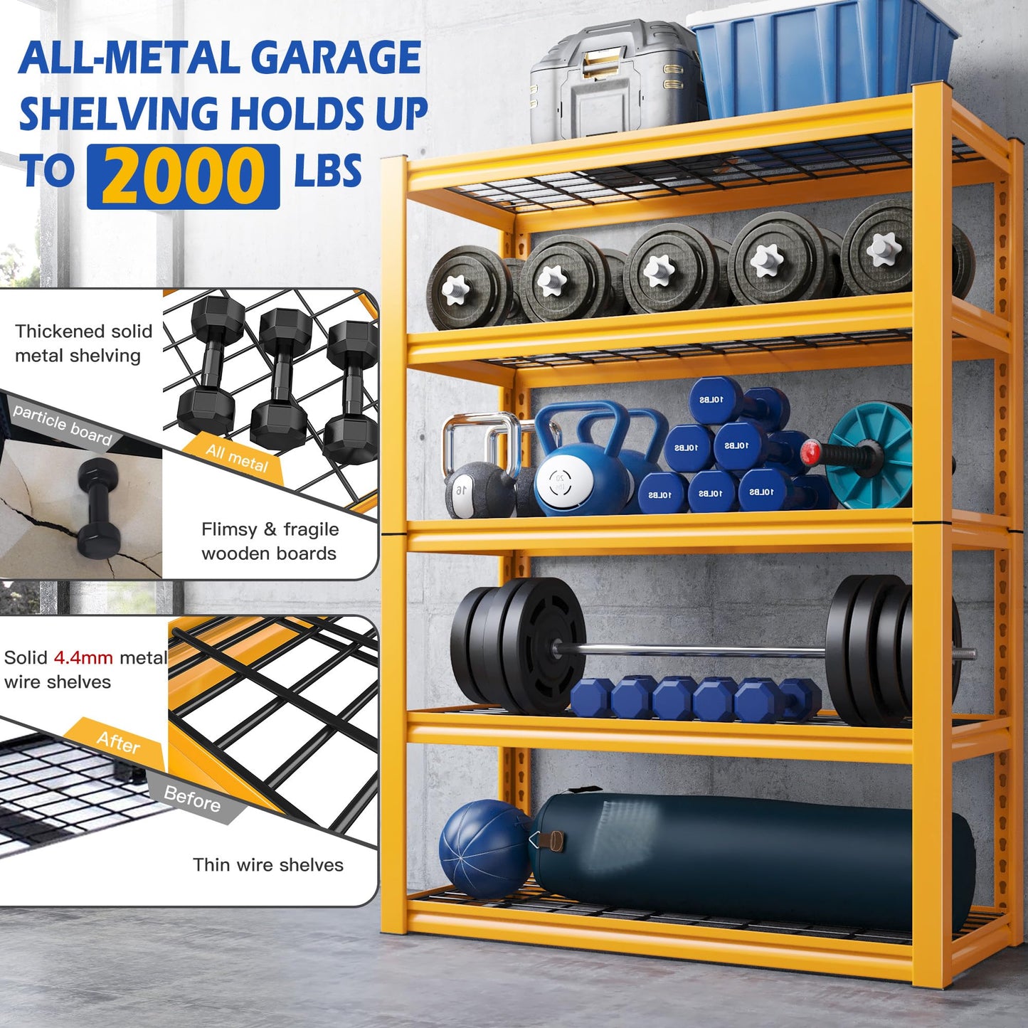 REIBII Garage Shelving 48.2" W Storage Shelves 3000LBS Heavy Duty Shelving Adjustable 5 Tier Metal Shelves for Storage Commercial Shelving Unit Industrial Utility Shelf, 72.2" H x 24.2" D x 48.2" W