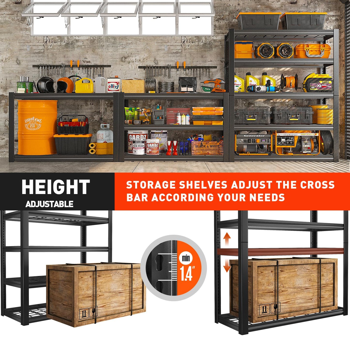 REIBII Garage Shelving 48.2" W Storage Shelves 3000LBS Heavy Duty Shelving Adjustable 5 Tier Metal Shelves for Storage Commercial Shelving Unit Industrial Utility Shelf, 72.2" H x 24.2" D x 48.2" W