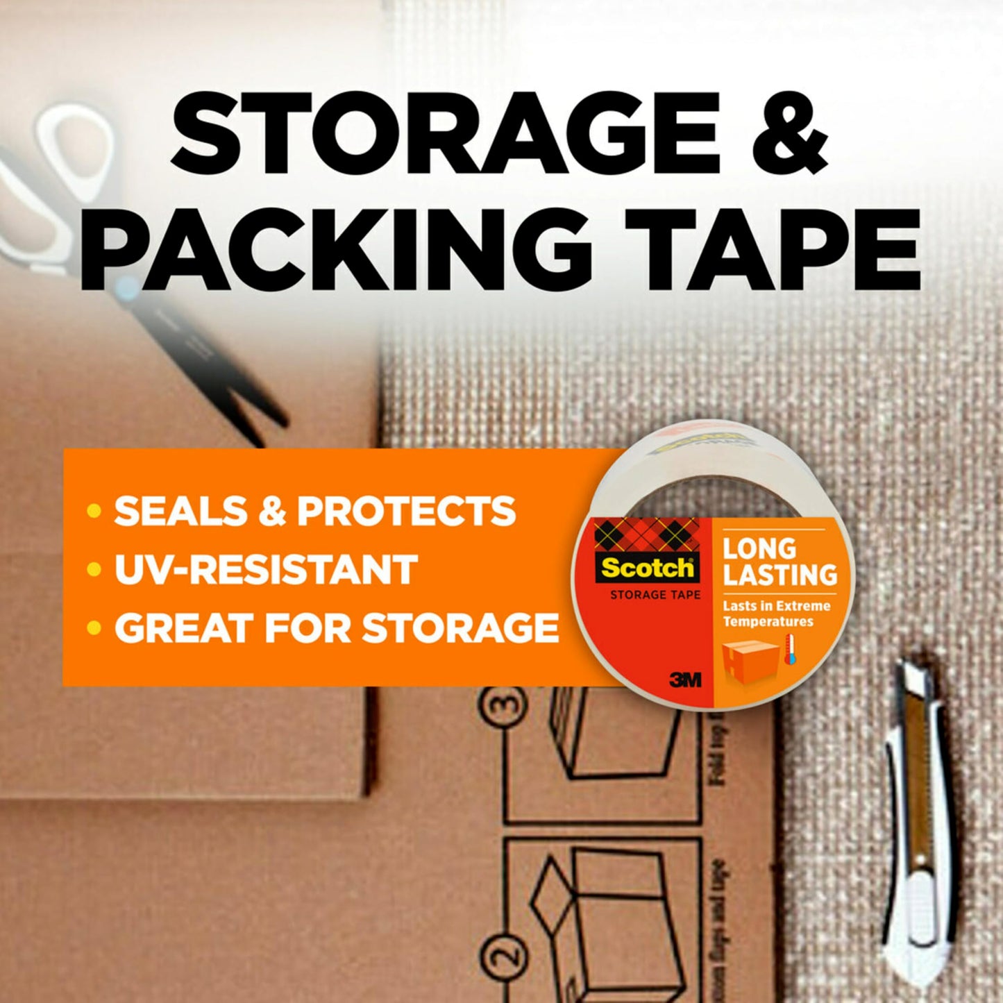 Scotch Long Lasting Storage Packaging Tape, 1.88" x 54.6 yd, Designed for Storage and Packing, Stays Sealed in Weather Extremes, 3" Core, Clear, 6 Rolls (3650-6)