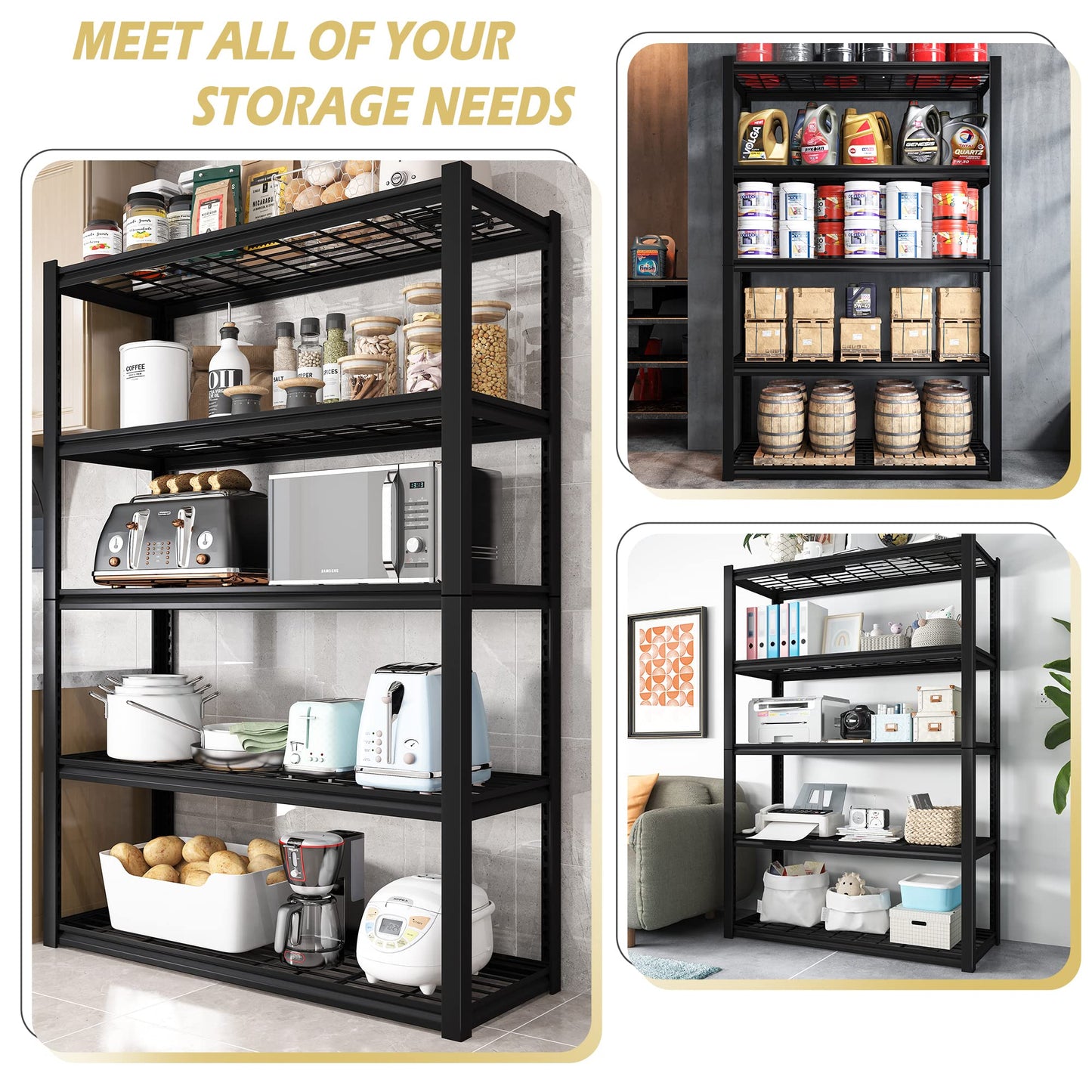 REIBII Garage Shelving 48.2" W Storage Shelves 3000LBS Heavy Duty Shelving Adjustable 5 Tier Metal Shelves for Storage Commercial Shelving Unit Industrial Utility Shelf, 72.2" H x 24.2" D x 48.2" W