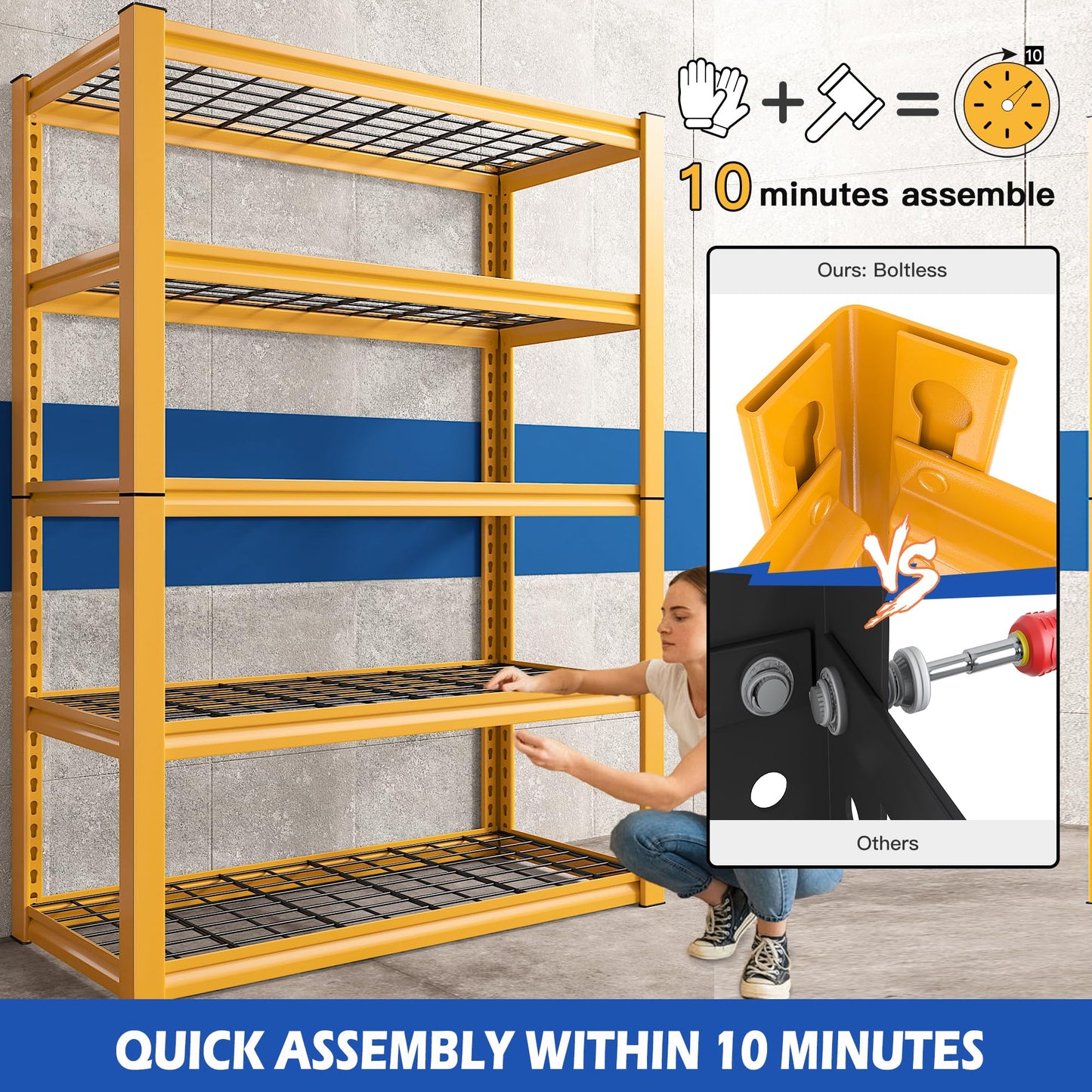 REIBII Garage Shelving 48.2" W Storage Shelves 3000LBS Heavy Duty Shelving Adjustable 5 Tier Metal Shelves for Storage Commercial Shelving Unit Industrial Utility Shelf, 72.2" H x 24.2" D x 48.2" W